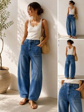Barrel Leg Jeans Mediumwash Curved Seam Patch Pocket Denim Pants Relaxed Tapered